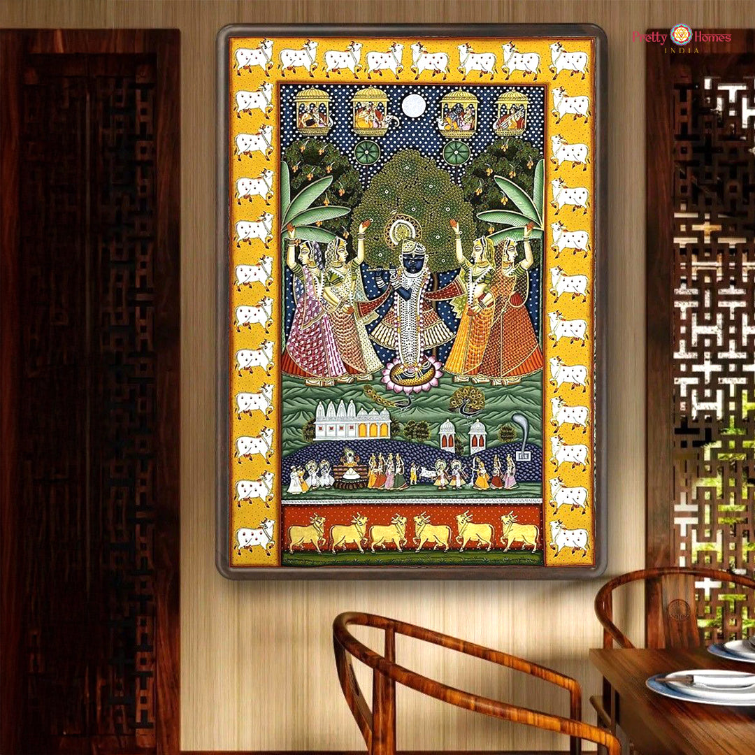 Artistic Pichwai depiction of sacred cow and calf representing prosperity and divine care