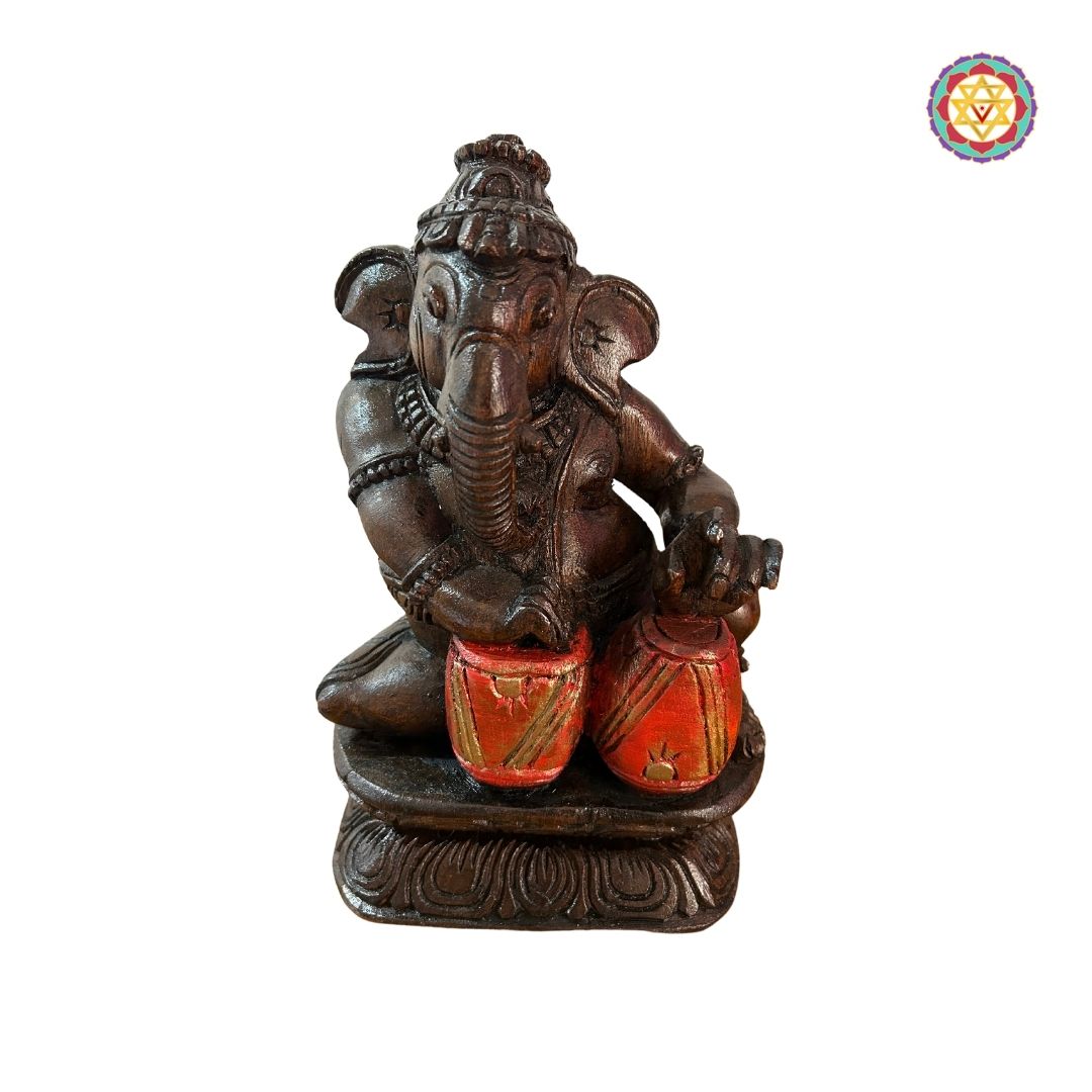 Wooden Ganesh musician statues hand-painted with traditional Indian motifs