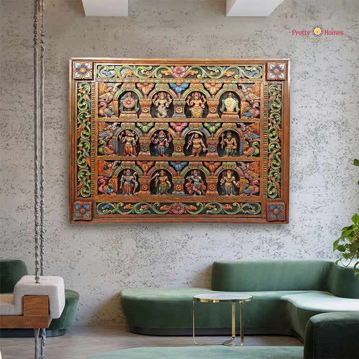 Large square Dashavatar wooden panel featuring ten avatars of Vishnu