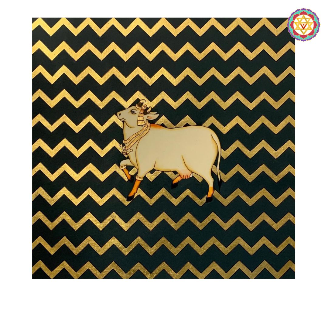 Hand-Painted Pichwai – Cow with Black &amp; Gold Abstract Design