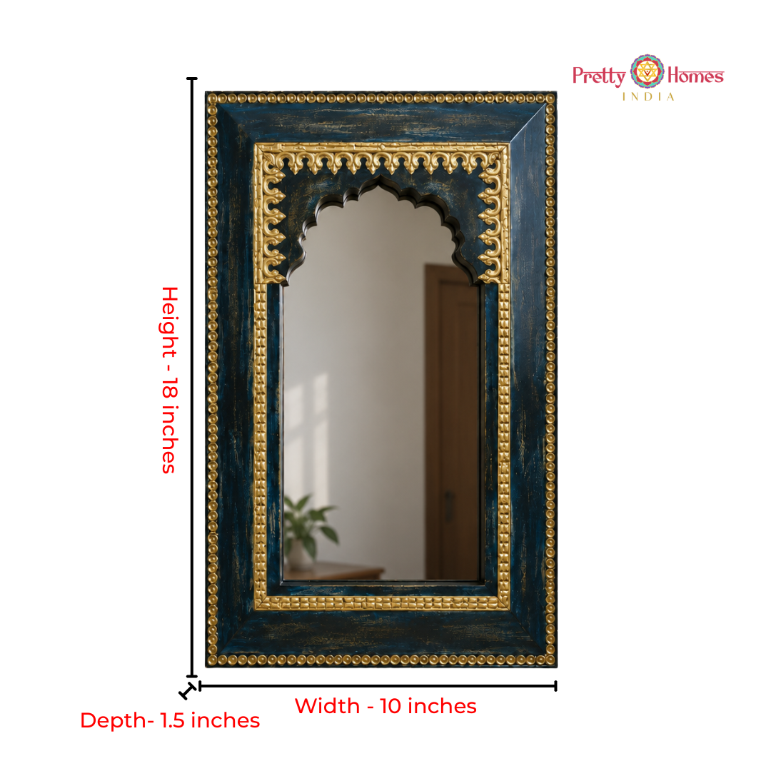 Wooden Artistic Jharokha Design Wall Mirror Frame With Brass embossed work.