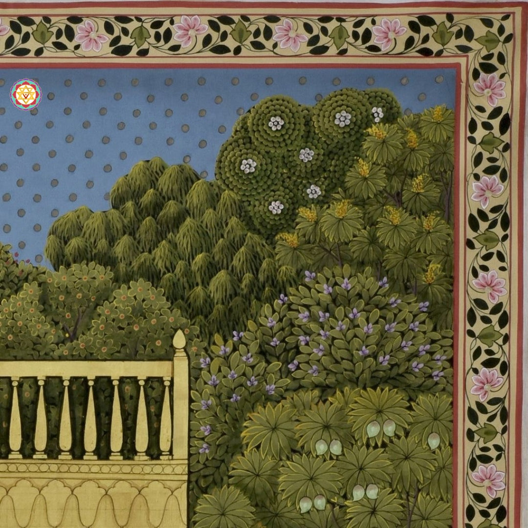 Close-up of Radha Krishna hand-painted artwork — intricate brush detailing on cloth, symbolizing divine love