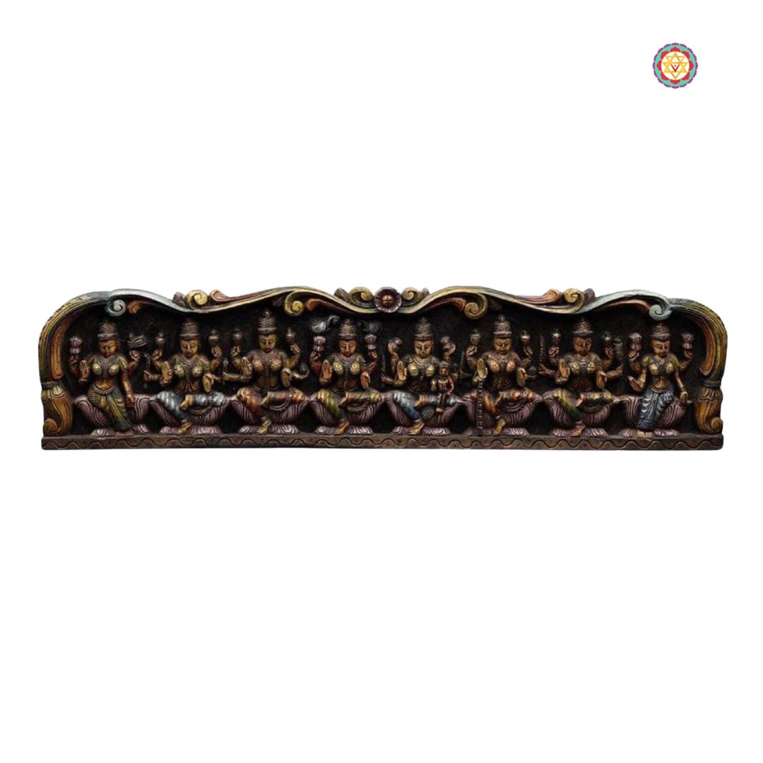 Handcrafted Ashtalaxmi decor — wooden goddess Laxmi wall hanging.