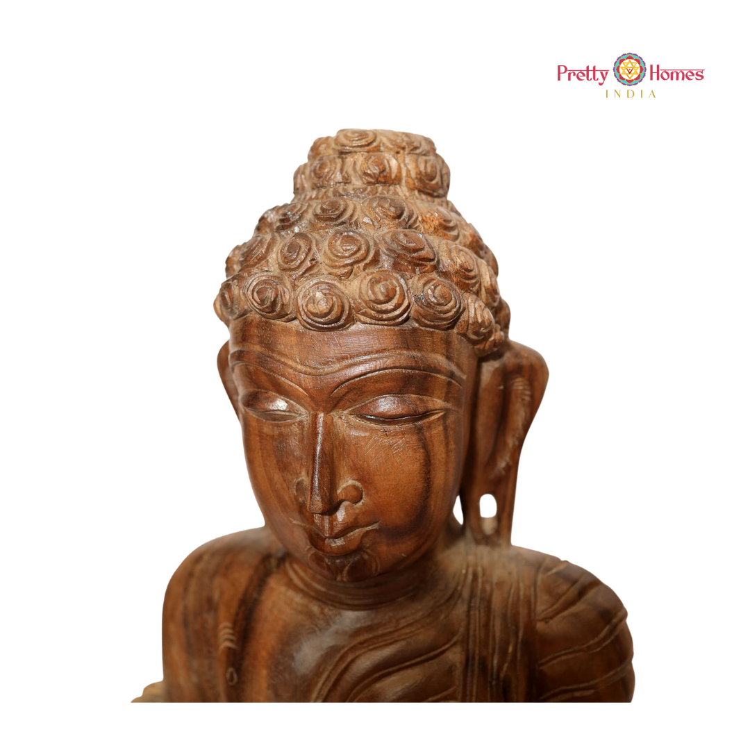 Wood-Carved Buddha Bust with Stand