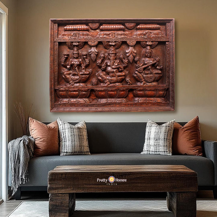 24-Inch Intricately Carved Ganesha, Lakshmi & Saraswati Panel with Gopuram Design – Wall Mountable Art