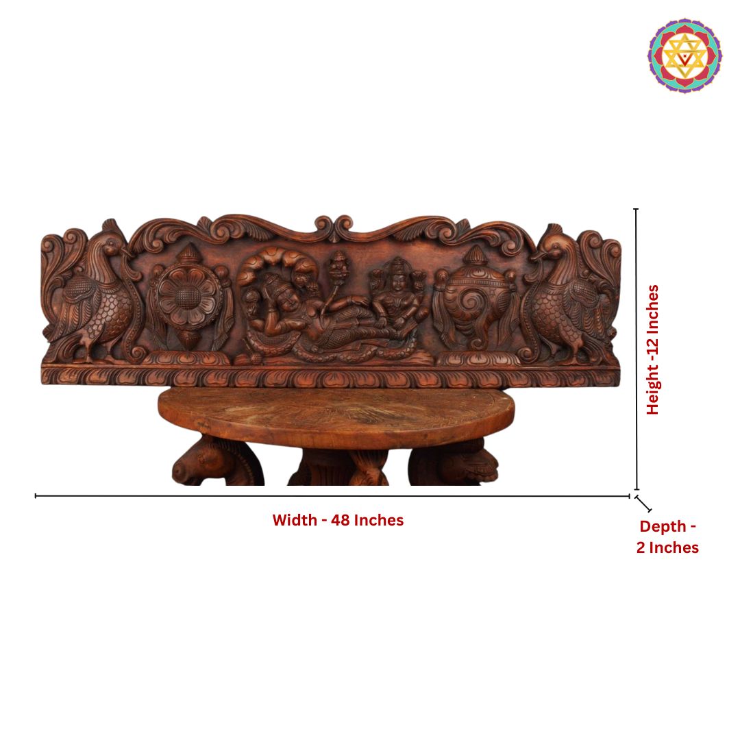 horizontal traditional carved anantashayanam vishnu panel detailed angled view of intricate carving and divine expressions