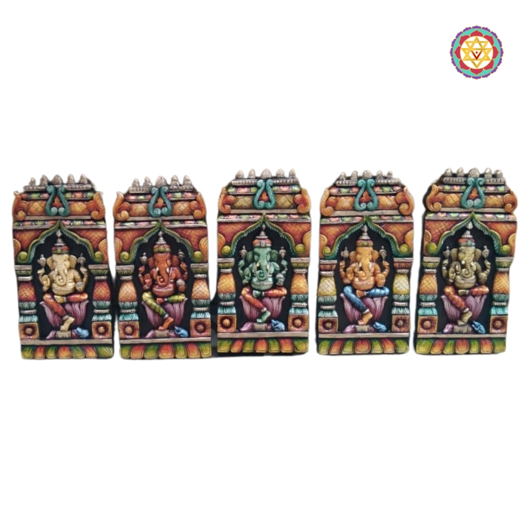 Backdrop view showing five Ganesha wall panels in a row
