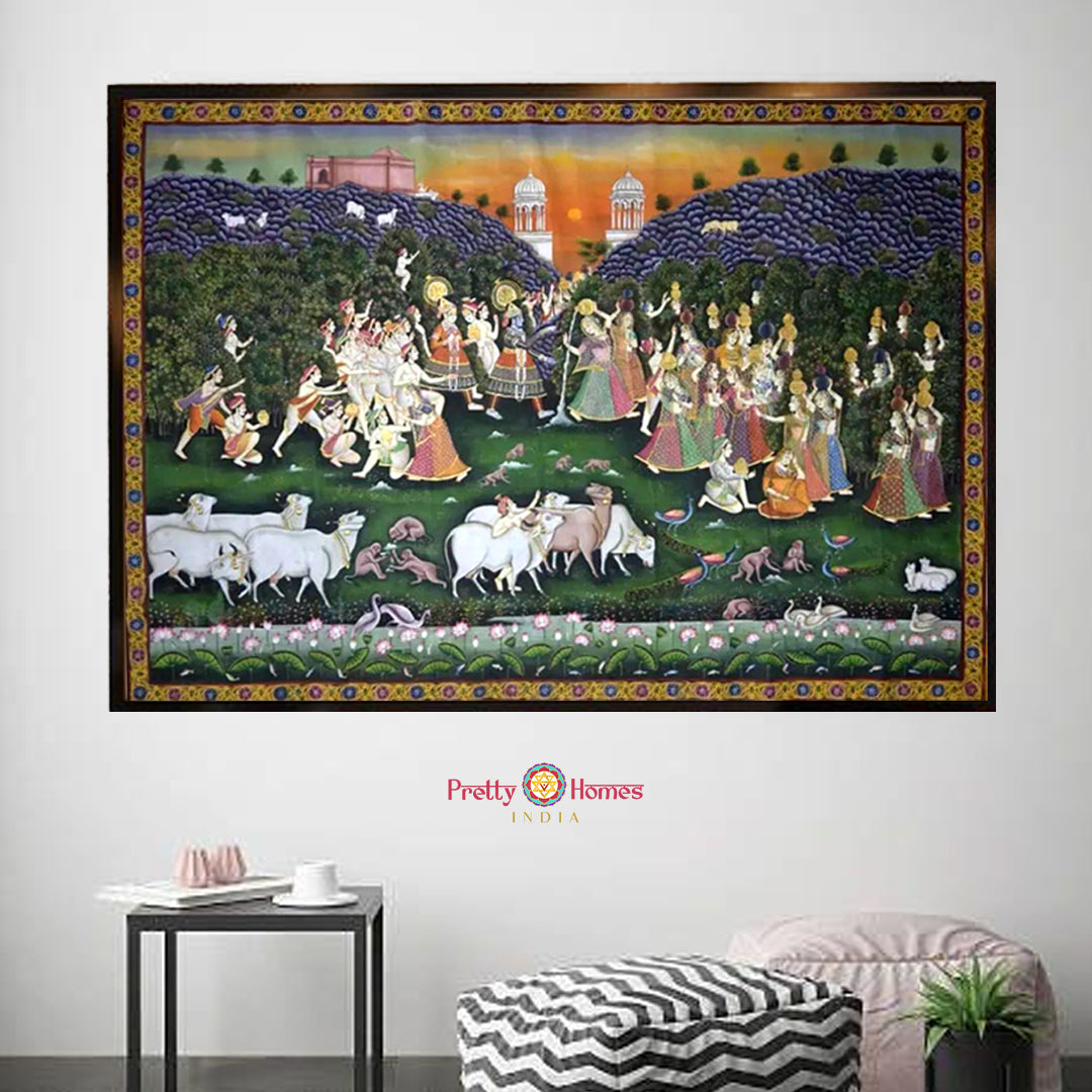 Large framed Daan Leela Pichwai painting featuring Shreenathji with gopikas and cows at sunset. Ideal for Pichwai wall art display.