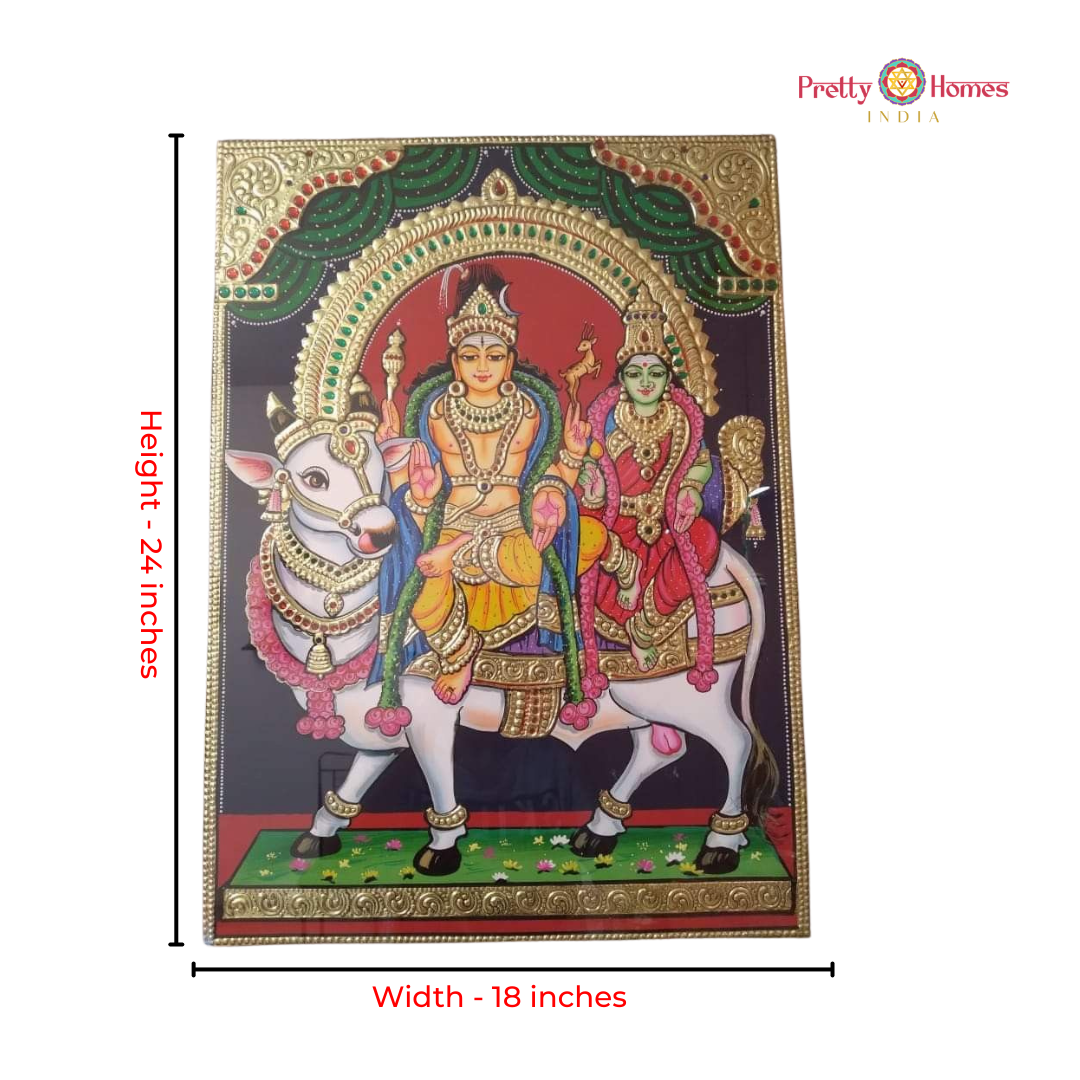 Aesthetic Lord Shiva & Parvati on Nandi Tanjore in Real Gold