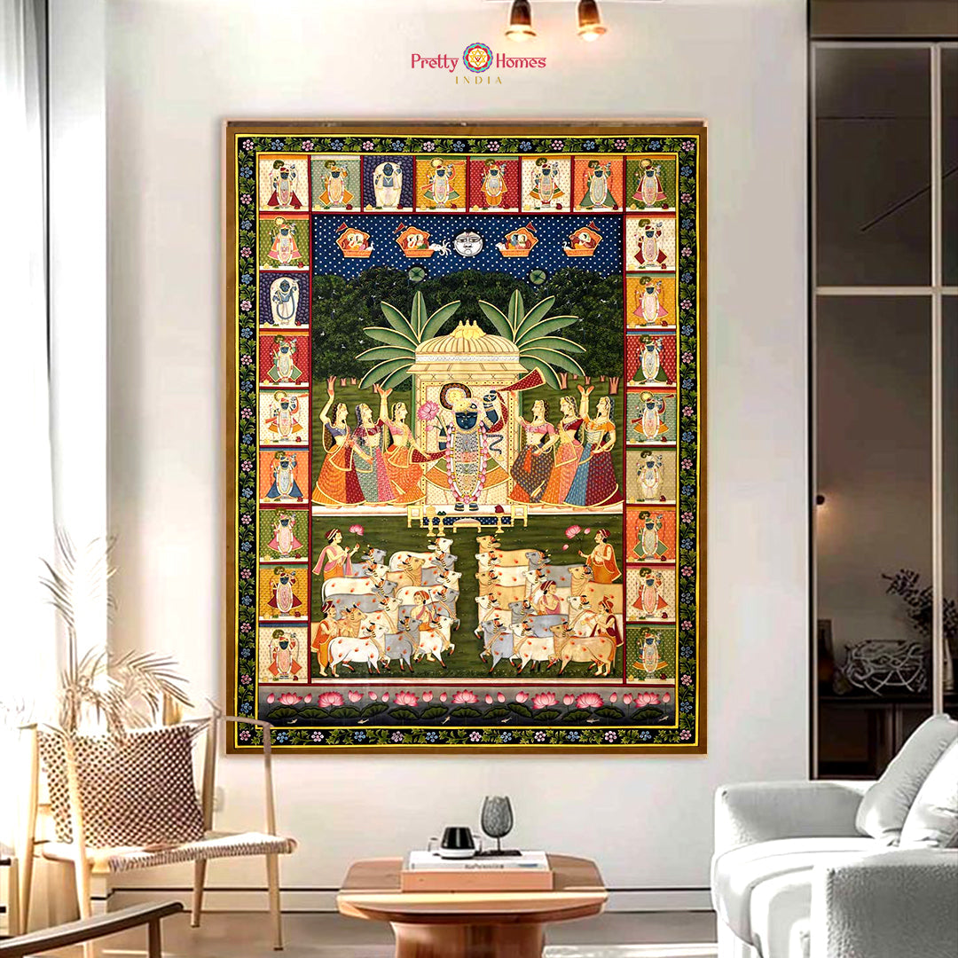 Vibrant Pichwai mural showcasing Krishna’s festive moments with gopis and cowherds in lively colors