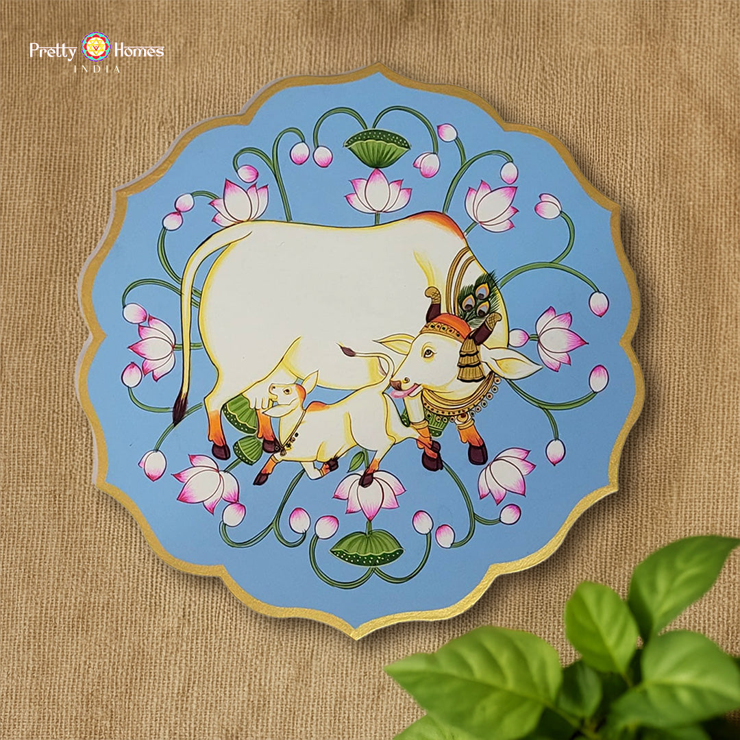 Handpainted Petal-Shaped Pichwai Wall Plate – Cow and Calf with Lotuses | Pichwai Artwork