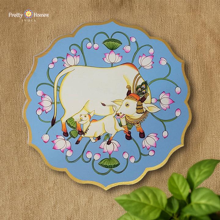 Handpainted Petal-Shaped Pichwai Wall Plate – Cow and Calf with Lotuses | Pichwai Artwork