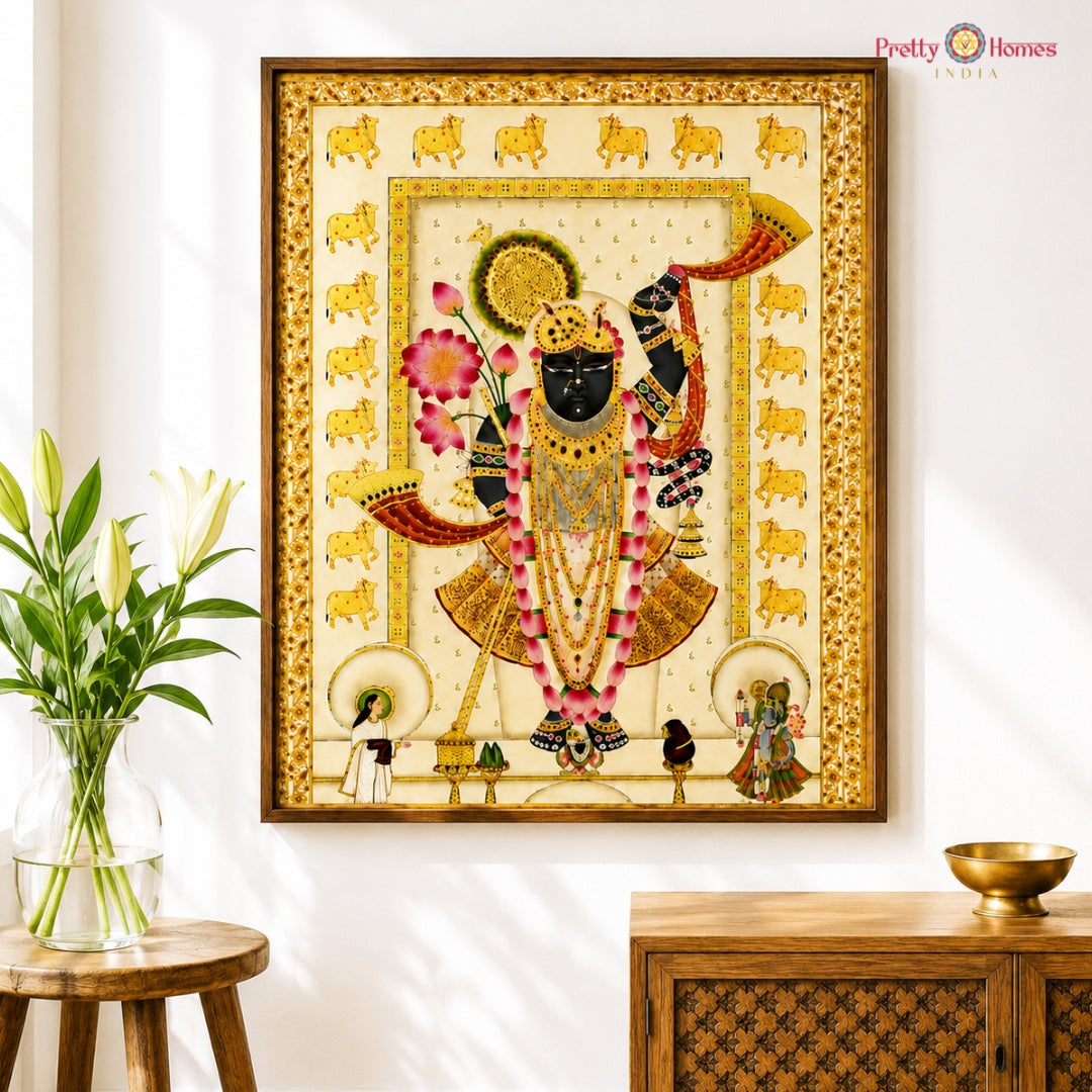 Hand-Painted Pichwai – Shrinathji Darshan with Golden Cows
