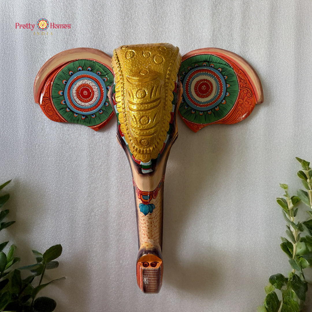 Elephant Face — Kerala-Style Wooden Wall Accent (Handpainted)
