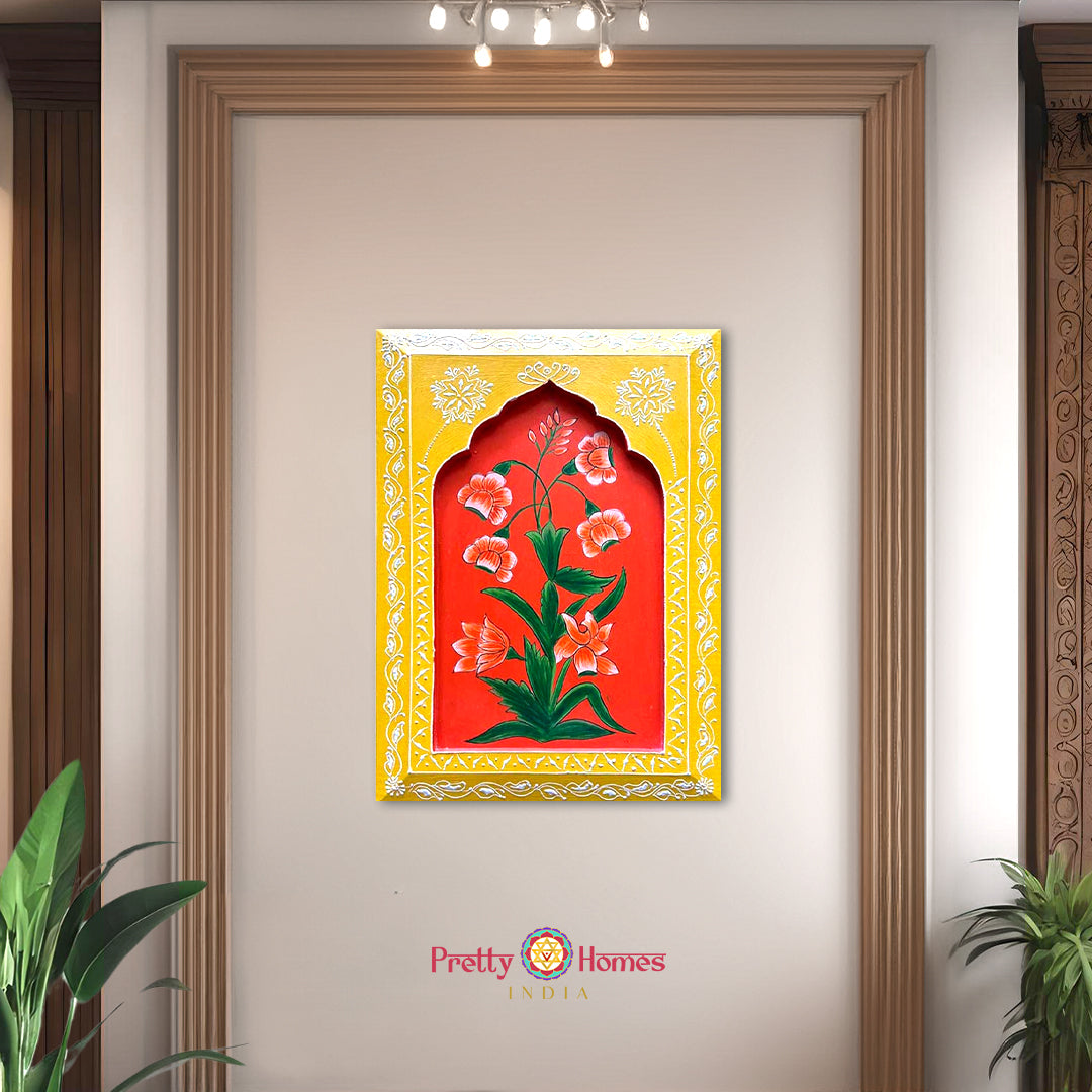 Ornate Pichwai artwork capturing the essence of Krishna’s devotion with peacock and lotus floral arrangements