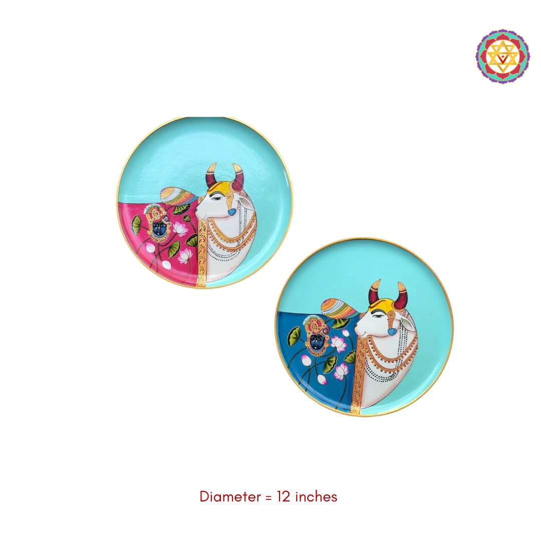 handpainted pichwai plate shrinathji and kamdhenu artwork