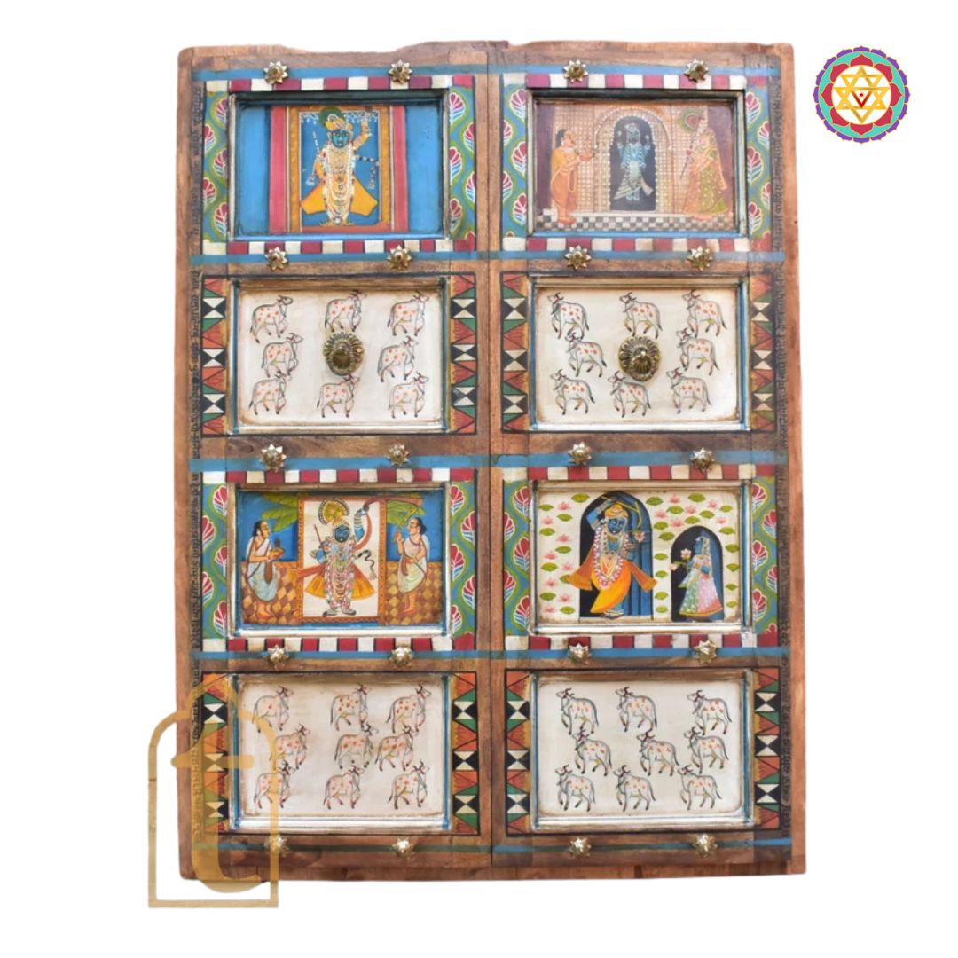 Woodcarved Handpainted Pichwai Door/Wall Frame with Intricate Brass Work