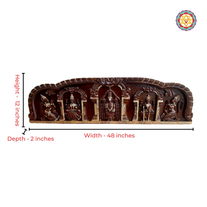 Close-up detailing of Balaji darshan carving in antique gold horizontal panel