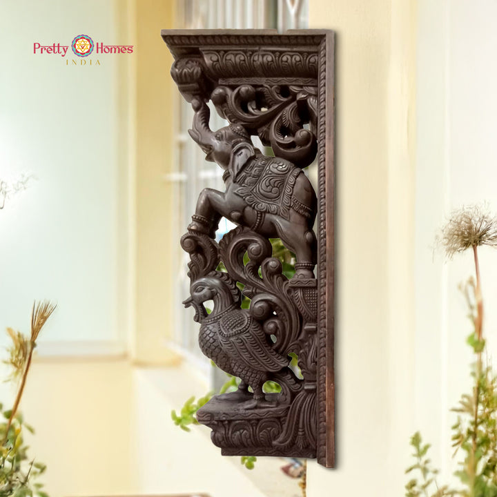 Woodcarved 3” foot trunk up elephants with Annams and vines brackets. (each)