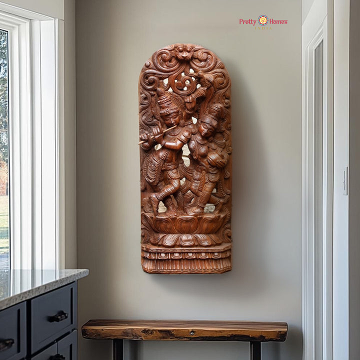 Exquisite 3-Foot Woodcarved Canopy Krishna with Flute & Radha – Tabletop & Wall Mountable Decor