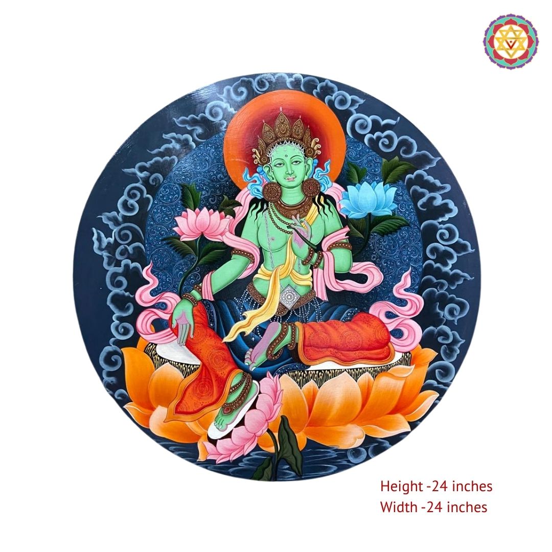 Close view of Goddess Tara handpainted plate showing intricate facial detailing