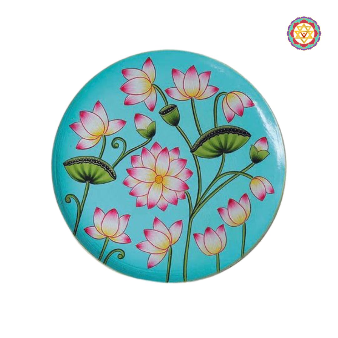 Hand painted wall plate with lotuses and leaves, pichwai design