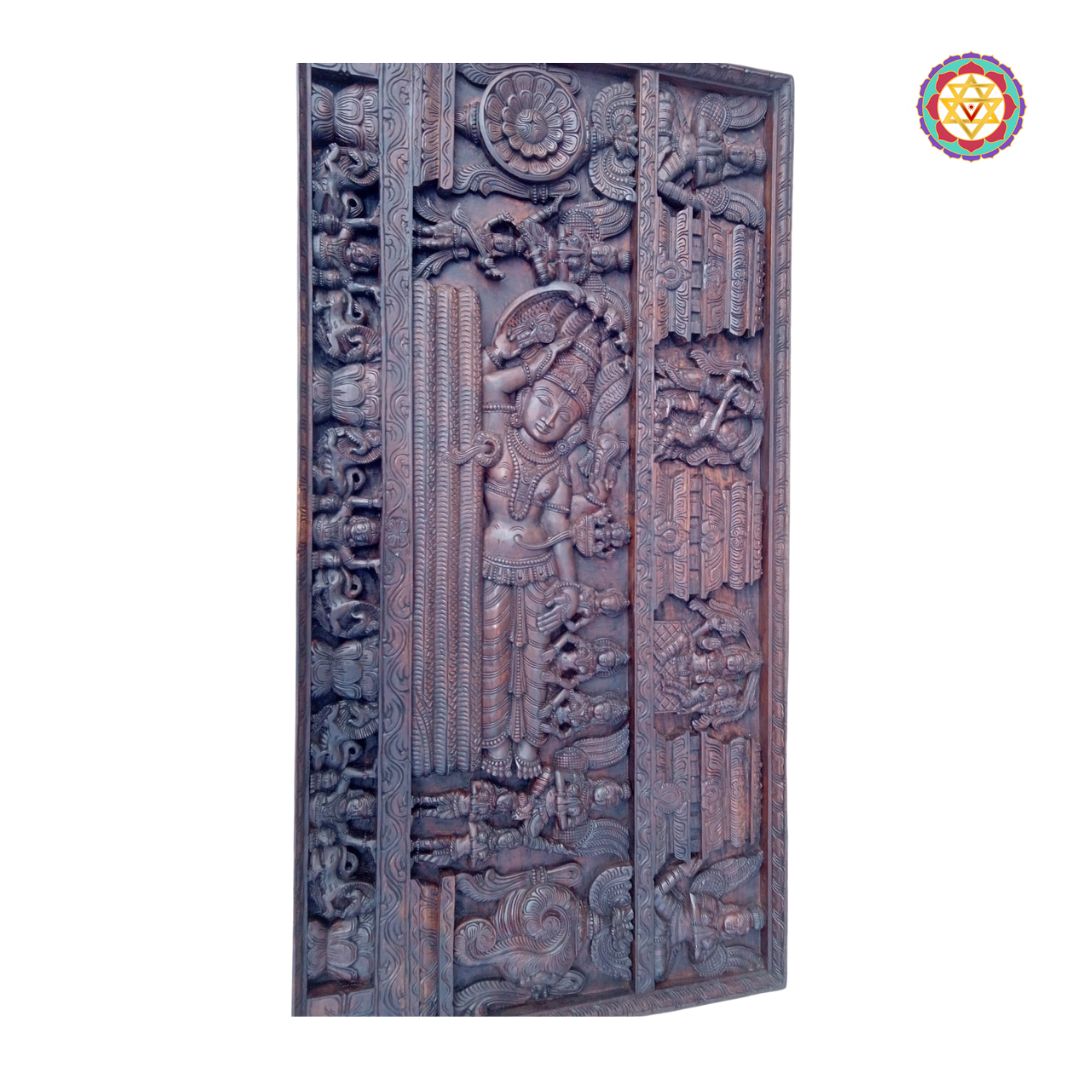 Decorative wooden panel with intricate carvings on a white background - Measurement view of 6-ft wide resting Vishnu teakwood panel

