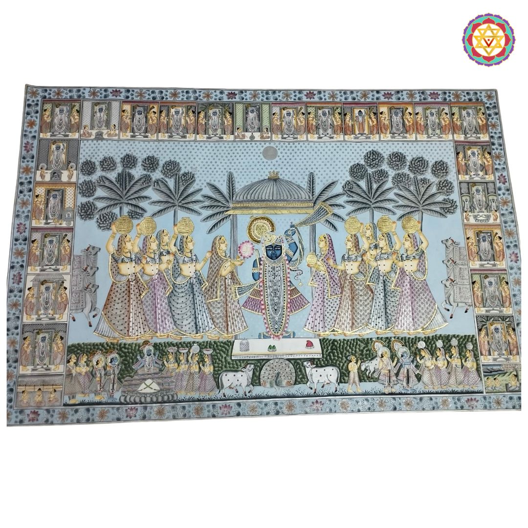 handpainted horizontal pichwai vintage style shrinathji darshan with golikas studio shot showing fabric texture and handcrafted strokes