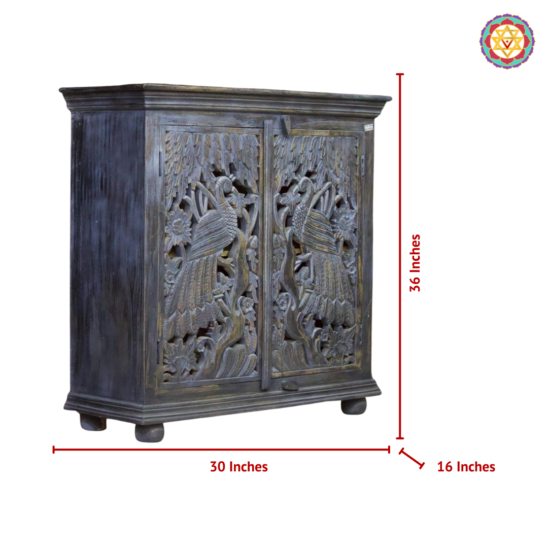 Top view of woodcarved peacock design side table cabinet