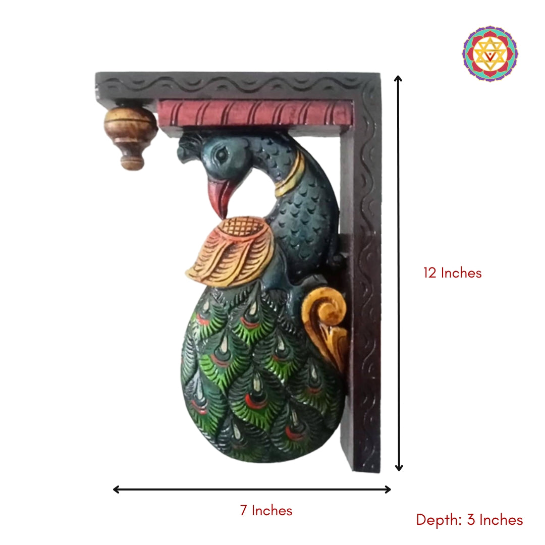 Detailed view of peacock bracket showing polished finish and traditional carving design