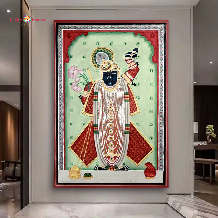 Handpainted Shrinathji Darshan Pichwai – Jharokha Style with Intricate Border