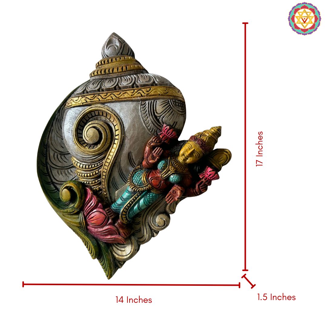 woodcarved conch/shankh wall frame with Laxmi on lotus