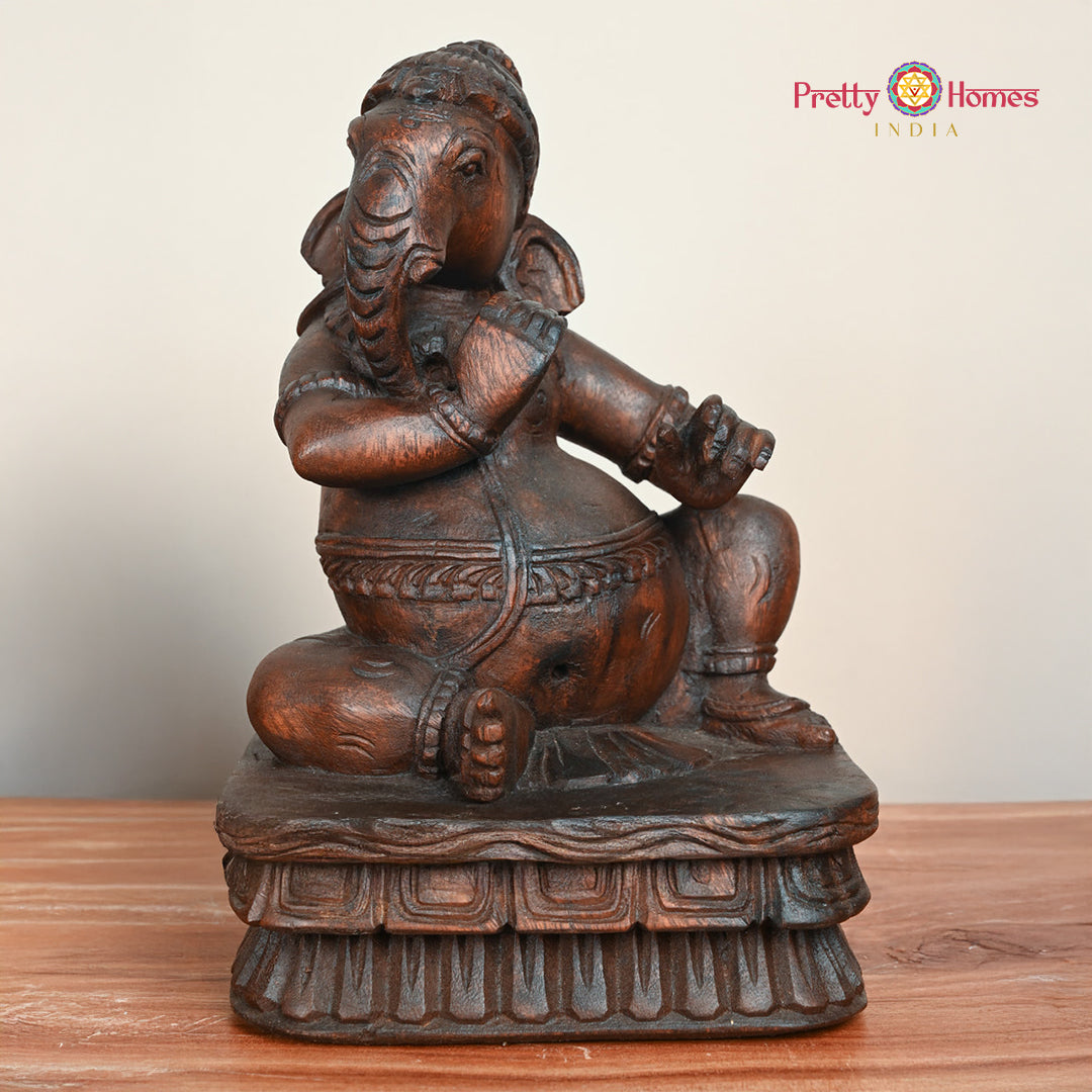 Woodcarved Ganesha Statue/Sculpture ,Playing Musical instruments (Single)