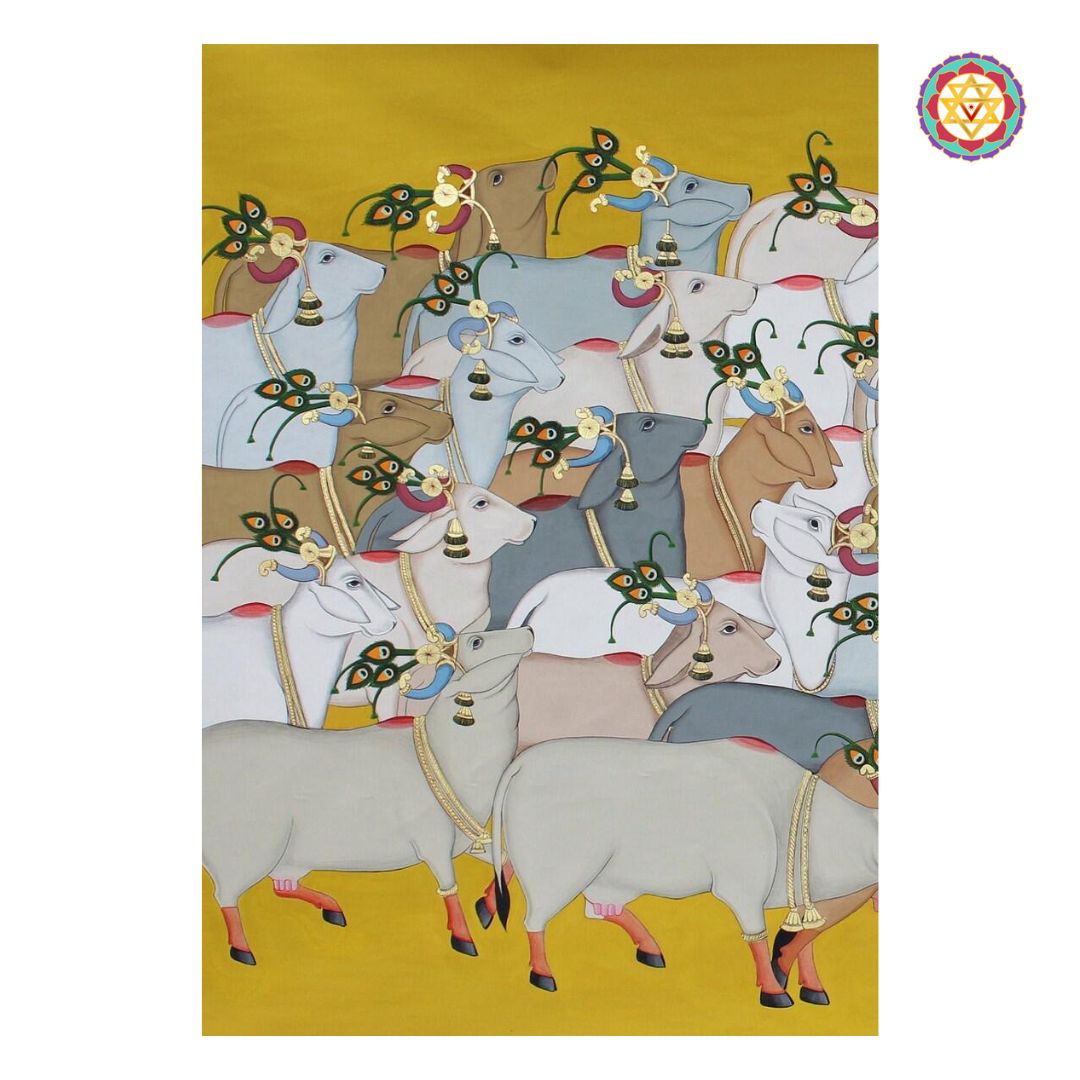angled view of pichwai painting showcasing colorful background and detailed cows