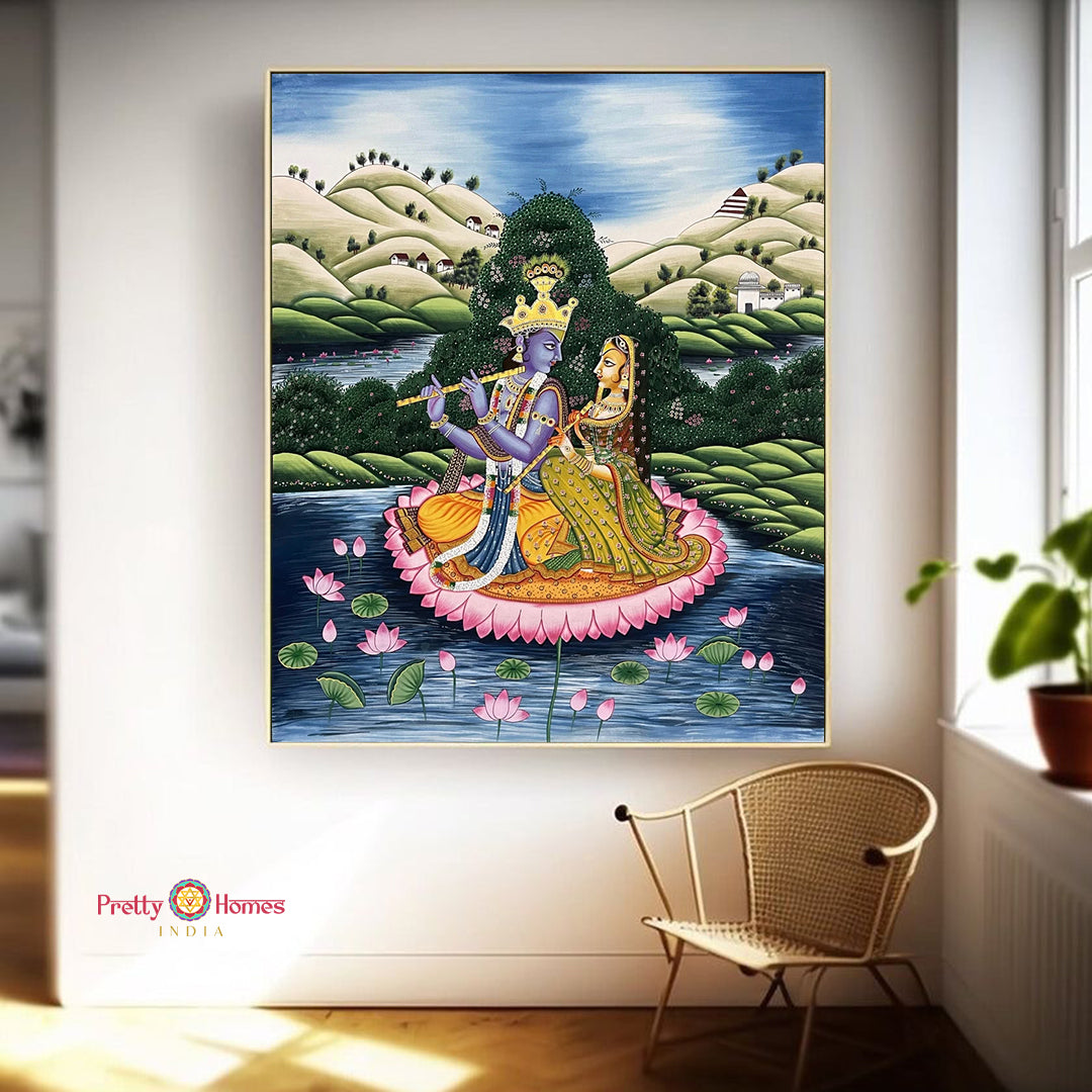 traditional pichwai painting depicting shrinathji charan and lotus flowers