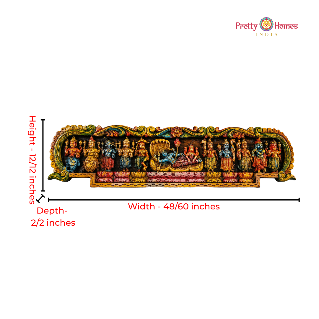 Wood-Carved Resting Vishnu with Dashavatarams Panel