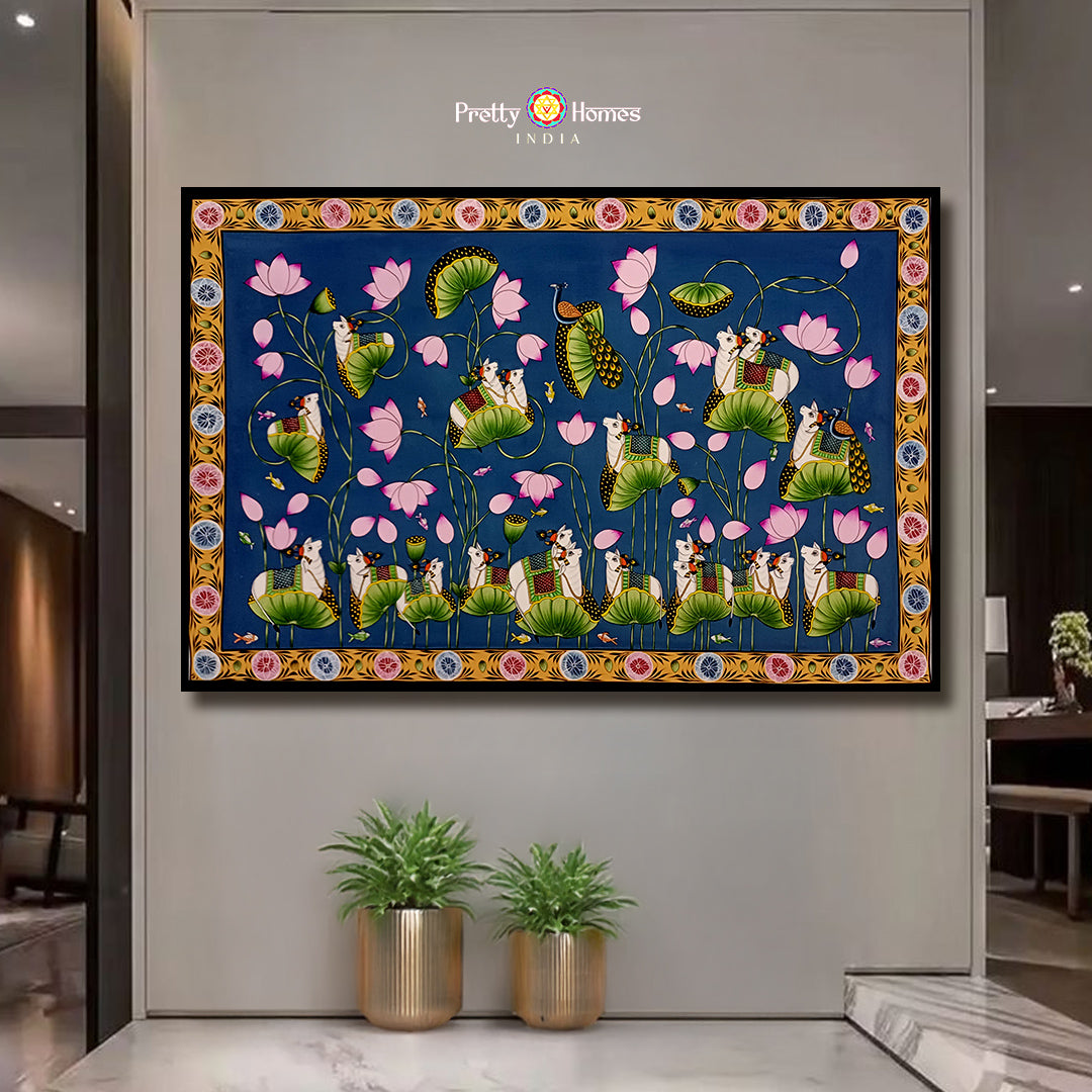 shreenathji pichwai painting with cows near blue lotus pond