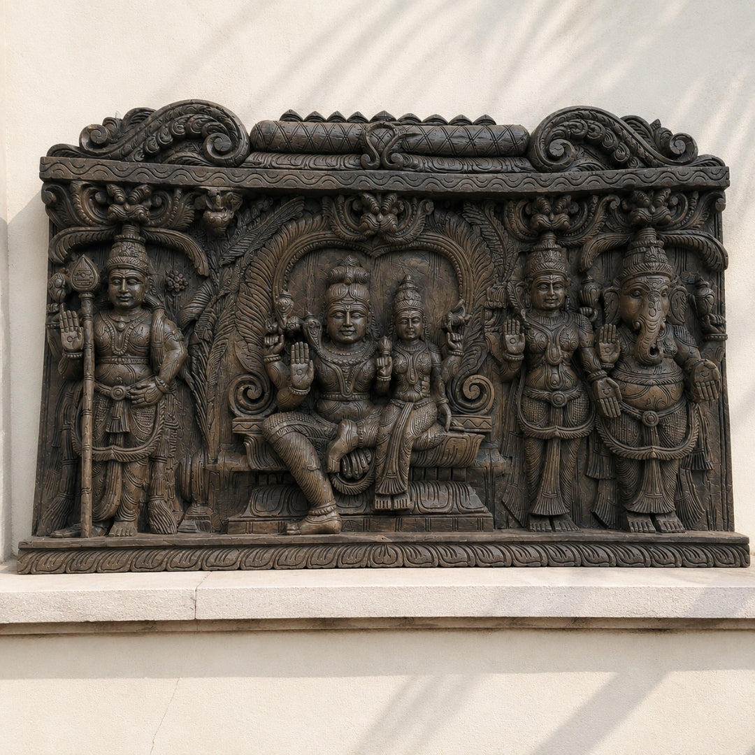 Shiva Parvati Ganesha Murugan Wooden Family Wall Panel Horizontal