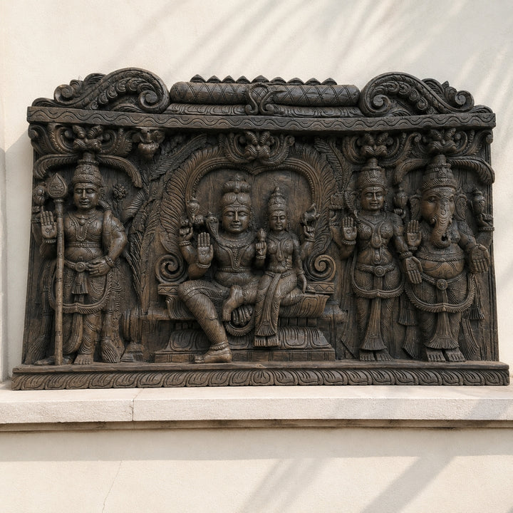Shiva Parvati Ganesha Murugan Wooden Family Wall Panel Horizontal