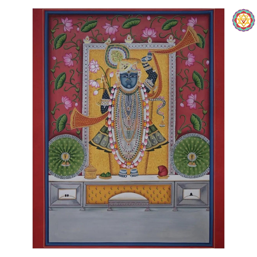 Flat angle view of full Shreenathji Darshan painting for pichwai home decor.