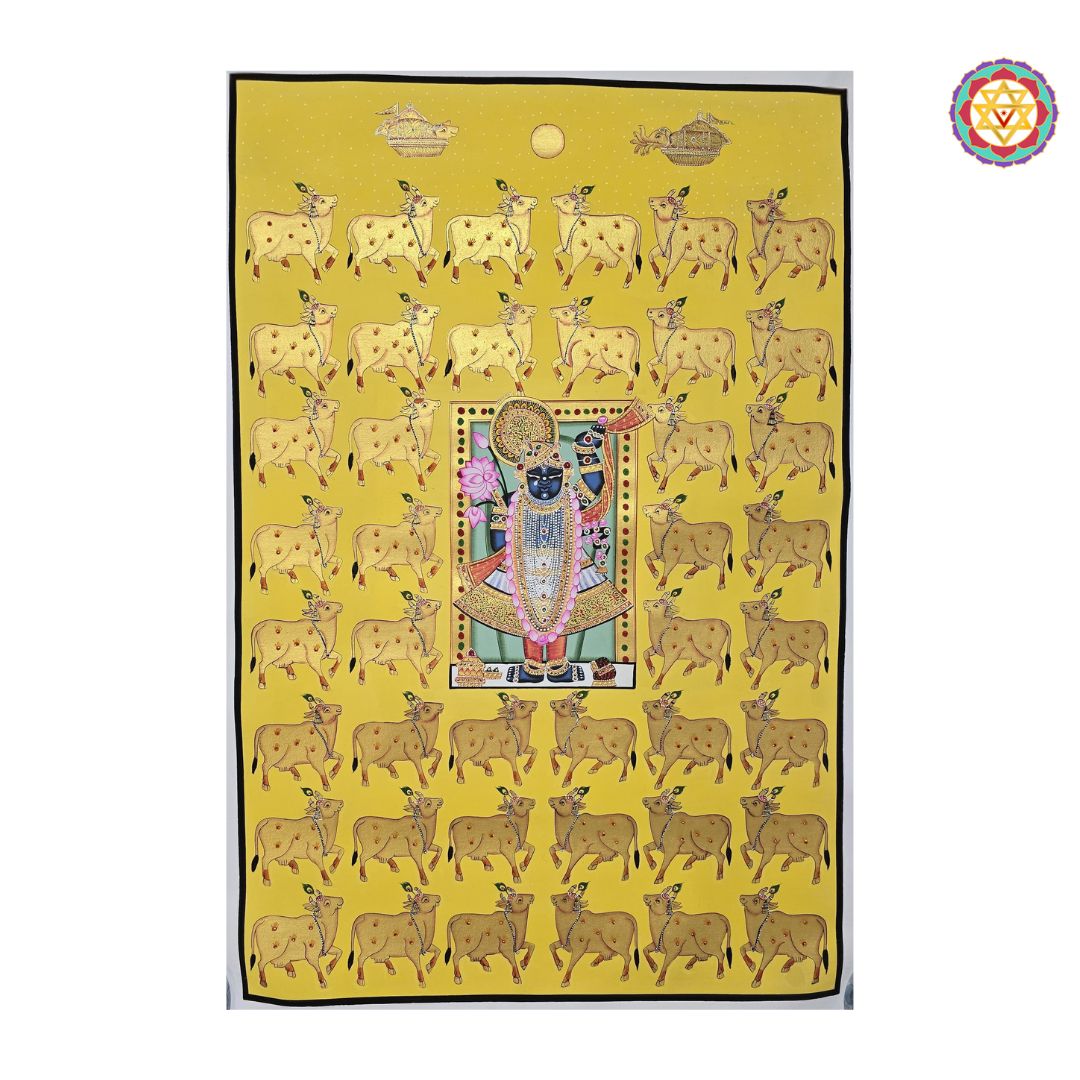 hand-painted pichwai painting -Shrinathji with Golden Cows