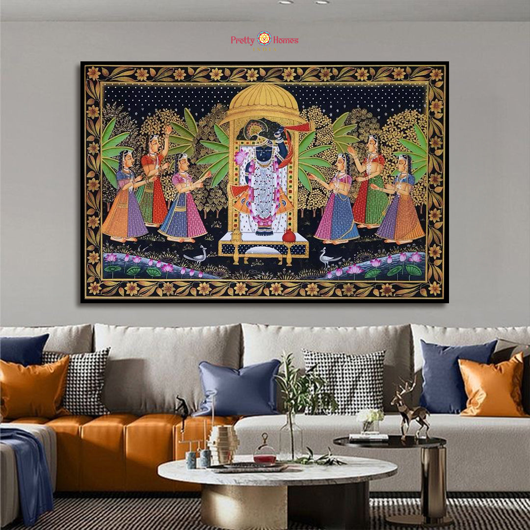 Hand-painted vintage style pichwai Sharad painting with Shrinathji and Gopis, displayed in a modern living room.
