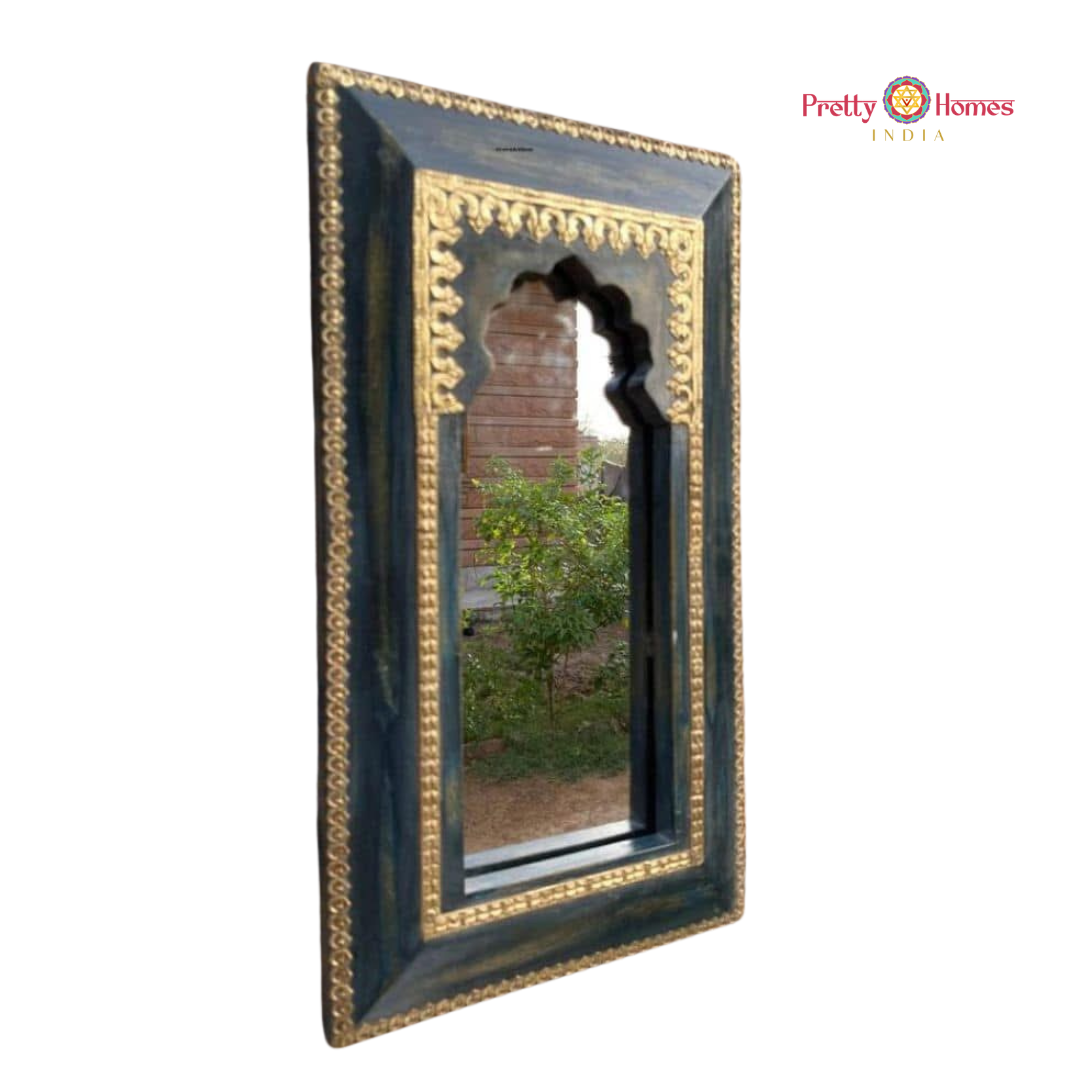 Wooden Artistic Jharokha Design Wall Mirror Frame With Brass embossed work.