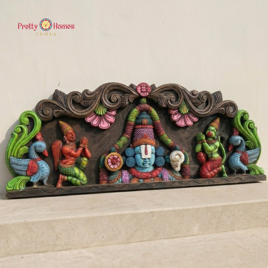 Tirupati Balaji 36” Carved Wall Panel with Garuda & Hanuman