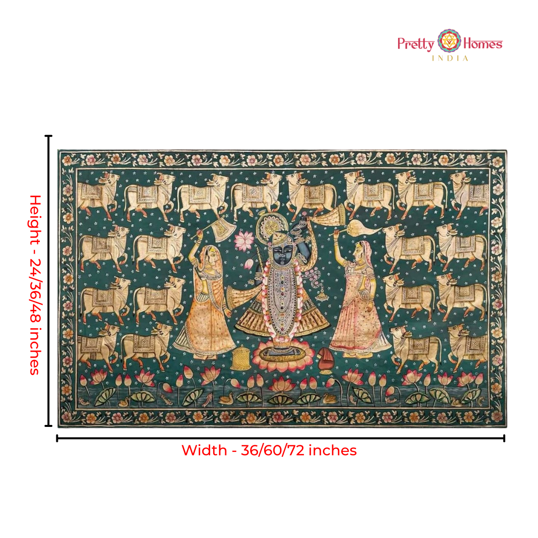 Handpainted Pichwai – Vintage Green Shrinathji with Gopikas & Cows