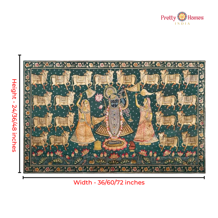 Handpainted Pichwai – Vintage Green Shrinathji with Gopikas & Cows