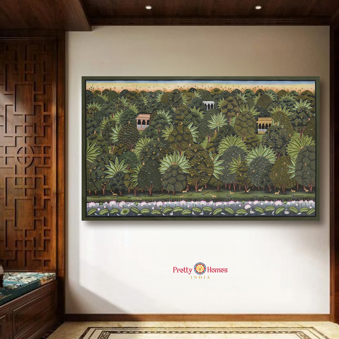 horizontal handpainted pichwai tranquil forest scene with lotus pond full artwork showing serene forest and lotus pond