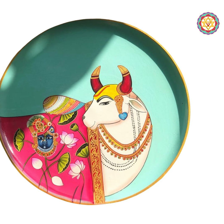 Pichwai -handpainted wall plate - kamdhenu with shrinathji (Single)