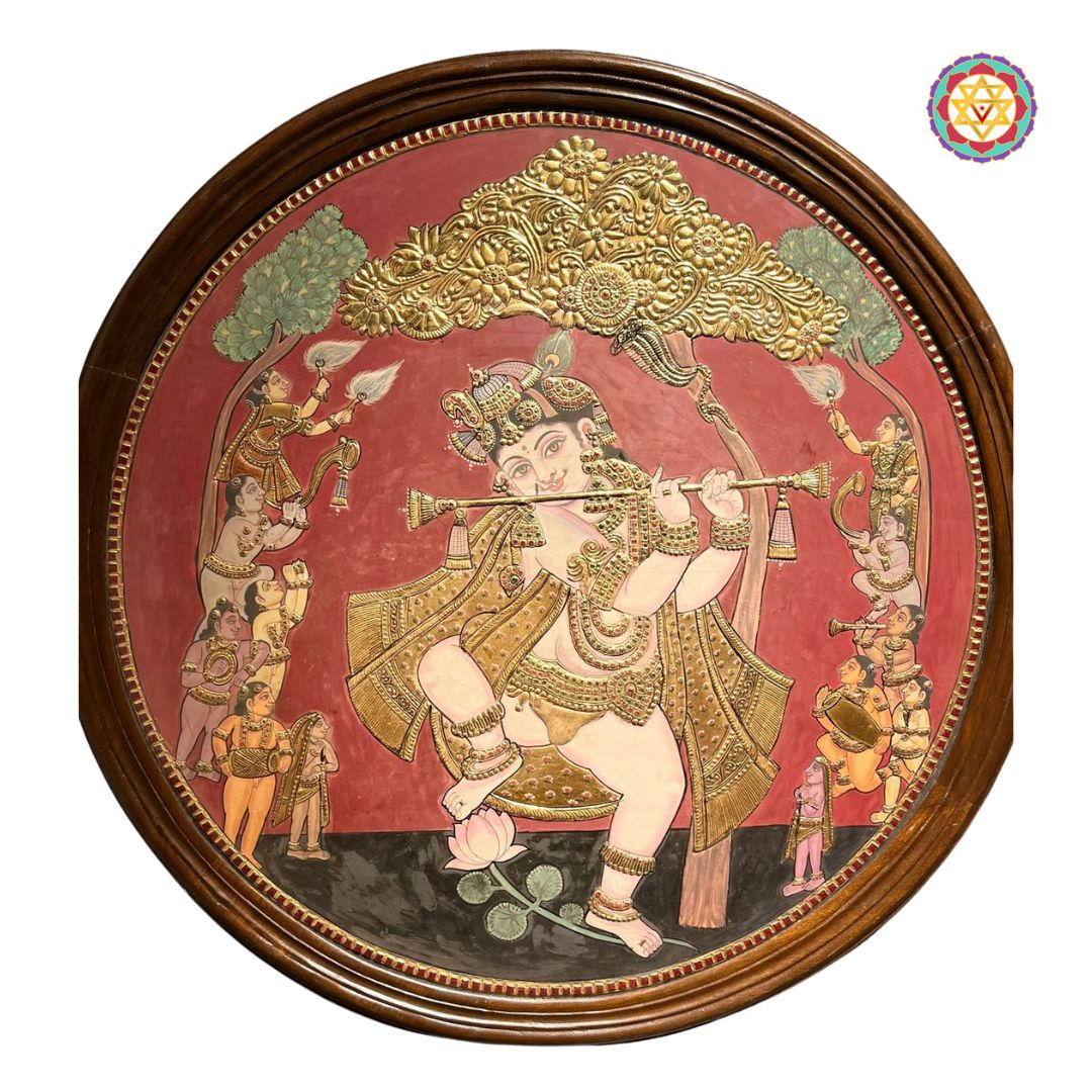 Vintage sytyle Round Handmade Tanjore – Dancing Krishna with Gopikas | 24K Gold & Teakwood Frame