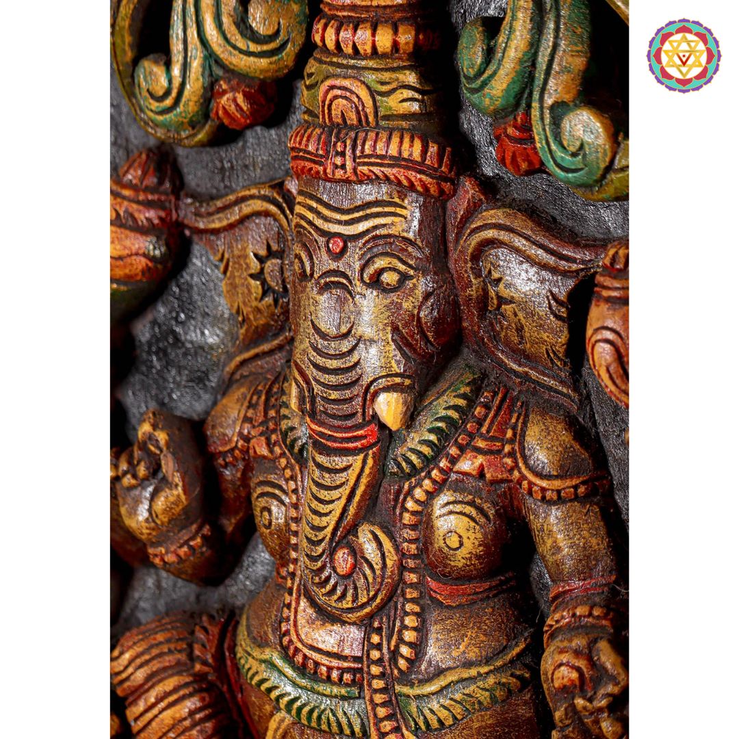 Full view of vertical Ganesha panel showcasing rich handcarved detailing